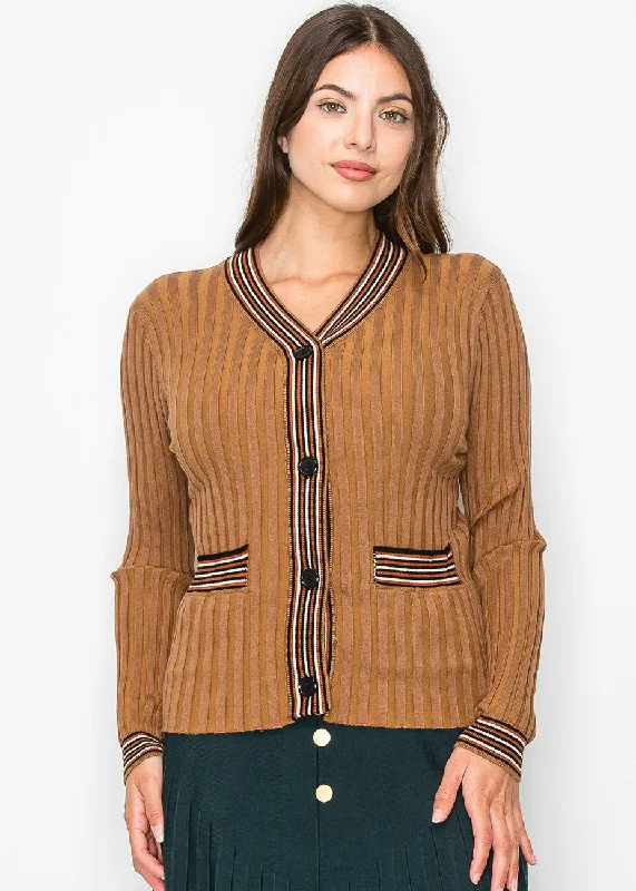 lightweight women cardigan for spring and fallRibbed Camel Cardigan with Striped Details