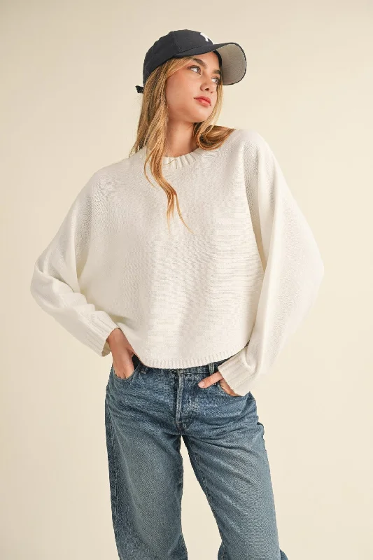 Bell - Sleeve Women's Mohair - Wool Blend SweatersRound Neck Dolman Sleeve Cropped Sweater