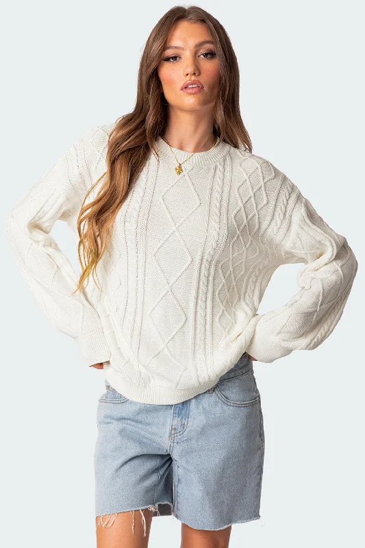 V - Neck Women's Ribbed Wool Sweaters for FallJessy Cable Knit Oversized Sweater