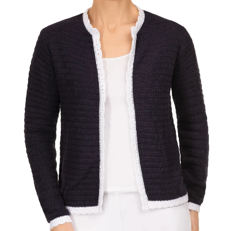 cropped women cardigan to pair with high - waisted jeansScallop Edge Cardigan in Navy/White