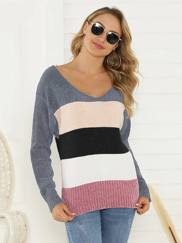 Plus Size Women's Ruffled Hem Sweaters in Floral PrintsShiny Color Block Long Sleeve Sweater