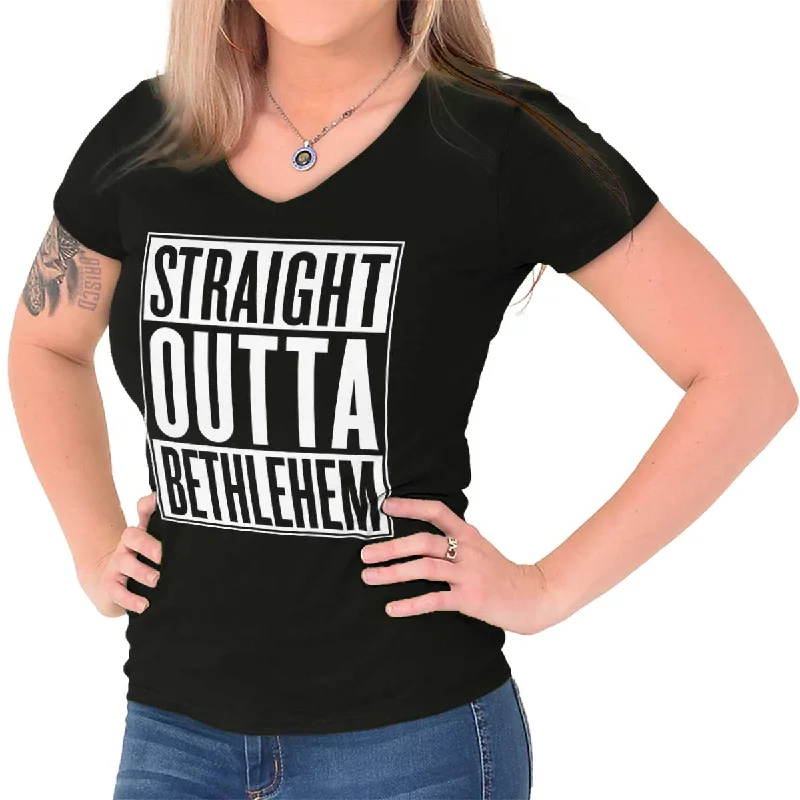 Striped Women T Shirt in a Classic PatternStraight Outta Bethlehem Junior Fit V-Neck T-Shirt