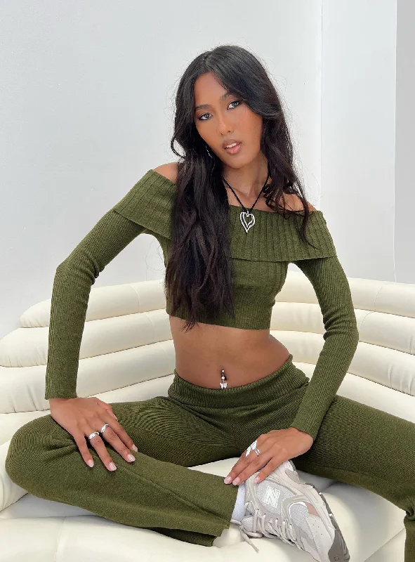 Plus Size Women's Belted Cable Knit SweatersTagula Off The Shoulder Top Green