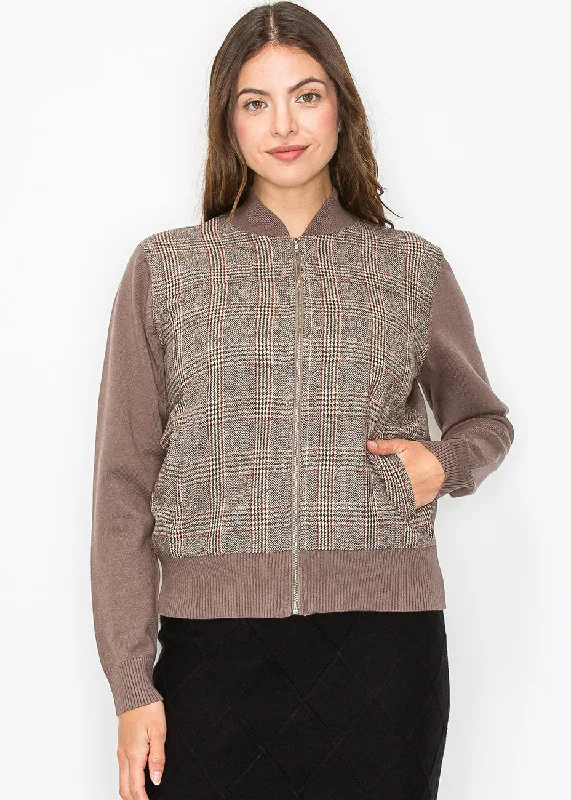 organic cotton women cardigan for an eco - friendly choiceTaupe Plaid Panel Zip-Up Cardigan