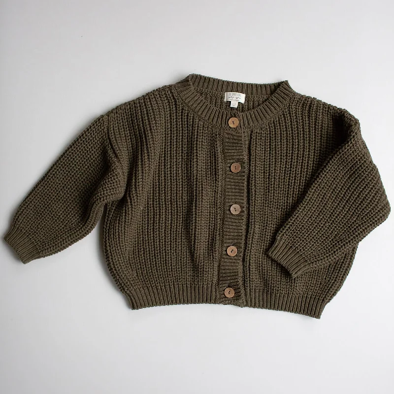 boyfriend style women cardigan for a relaxed fitThe Chunky Cardigan in Olive by The Simple Folk - Last One In Stock - 7-8 Years