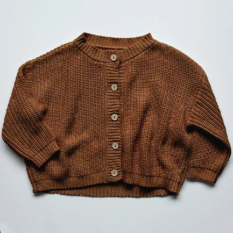 cropped women cardigan to pair with high - waisted jeansThe Chunky Cardigan in Rust by The Simple Folk - Last One In Stock - 7-8 Years