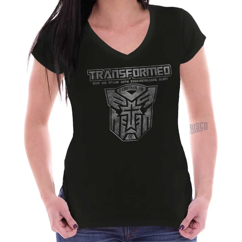 Distressed Women T Shirt with a Laid - Back AestheticTransformed Junior Fit V-Neck T-Shirt