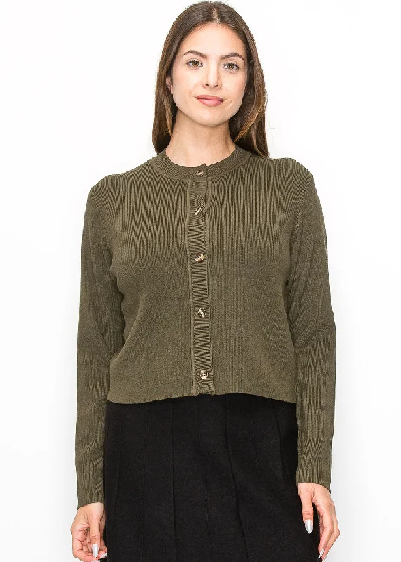 hand knitted women cardigan with artisanal charmVersatile Olive Buttoned Cardigan