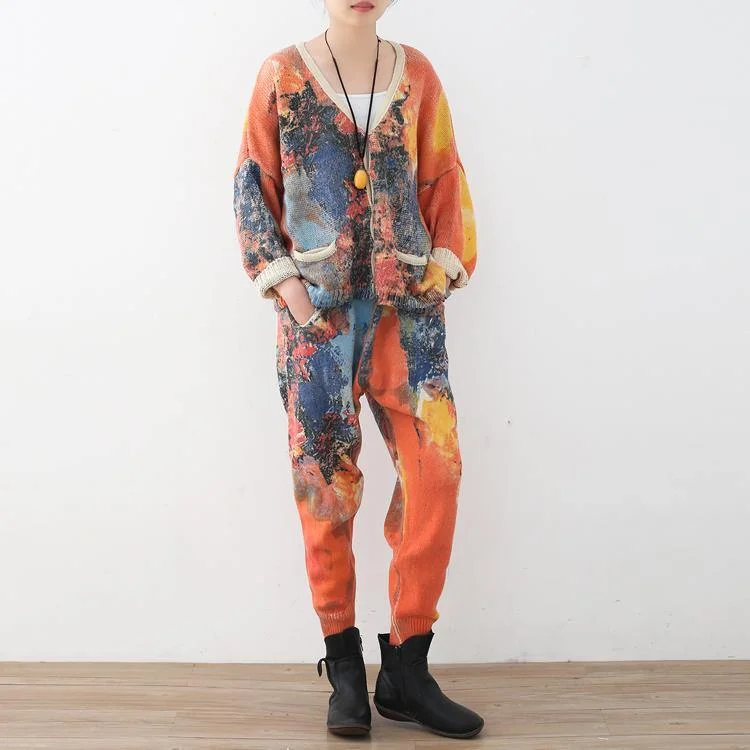 organic cotton women cardigan for an eco - friendly choicevintage orange prints sweater cardigans and elastic waist knit pants two pieces