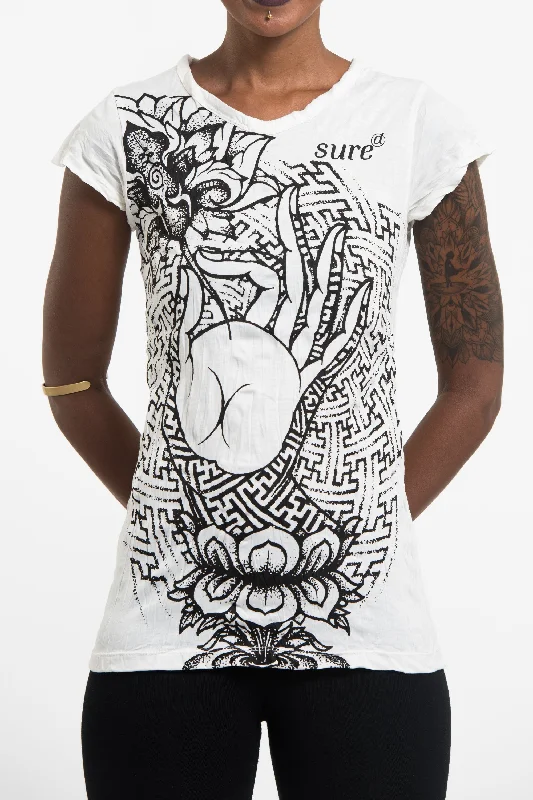 Ringer T Shirt Women with Retro - Inspired StripesWomens Gyan Mudra Hand T-Shirt in White