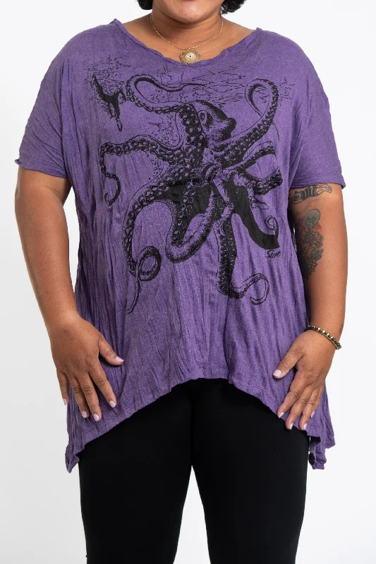 Sequined Women T Shirt for a Sparkly Night OutWomens Octopus Loose V Neck T-Shirt in Purple