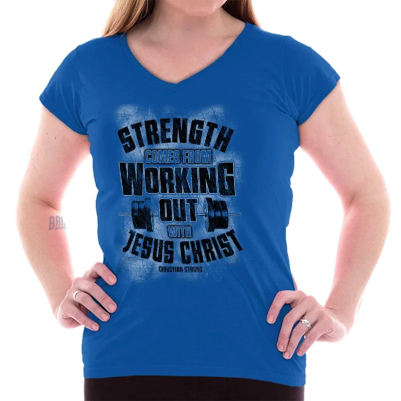 Ringer T Shirt Women with Retro - Inspired StripesWorking Out With Christ Junior Fit V-Neck T-Shirt