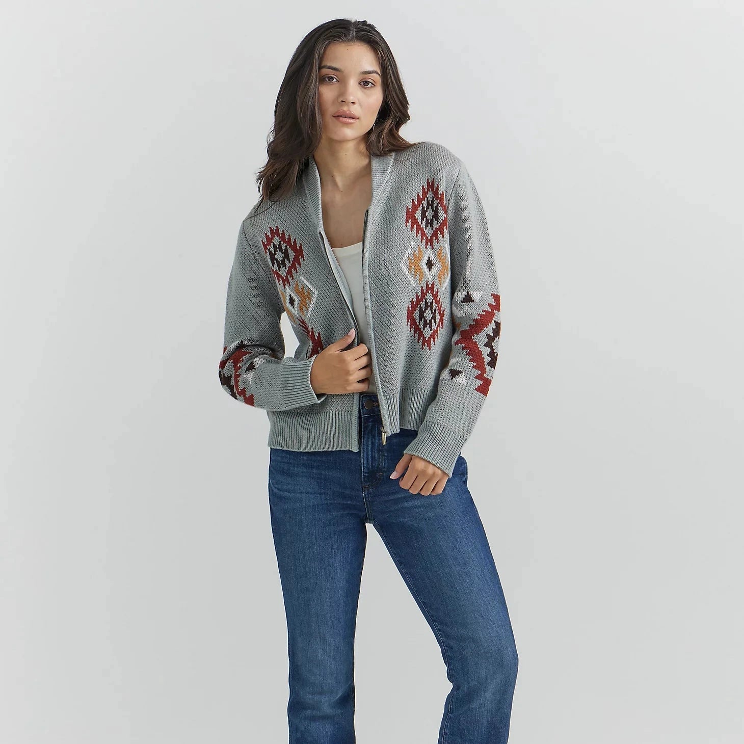 plus size women cardigan for comfortable layeringWrangler Women's Southwestern Full Zip Cardigan Sweater in Cactus