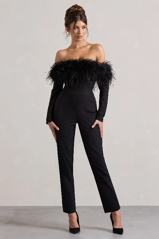 Women jumpsuits with a ruched bodice for a more feminine and form - fitting appearanceAles | Black Bardot Tailored Straight-Leg Jumpsuit With Feather Trim