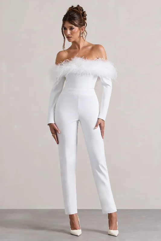 Women jumpsuits with tassel trims for a playful and fashionable touchAles | White Bardot Tailored Straight-Leg Jumpsuit With Feather Trim