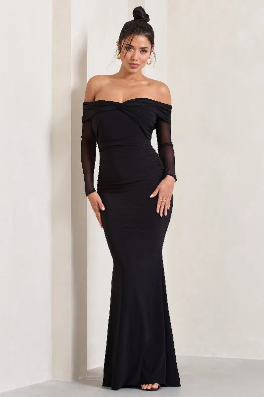 Pleated Women Dress with a Timeless and Elegant TextureAlex | Black Bardot Twist Maxi Dress