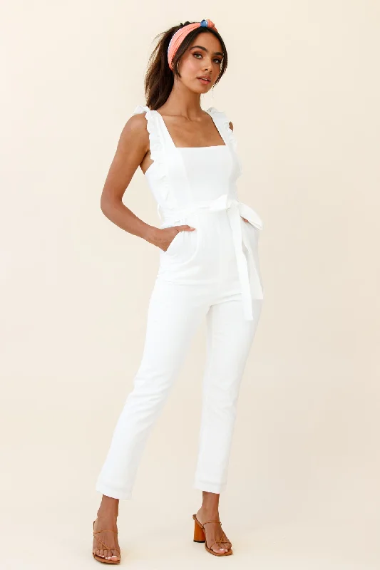 Women jumpsuits with high - low hems for a modern and fashion - forward styleAll For Love Square Neckline Ruffle Strap Jumpsuit White