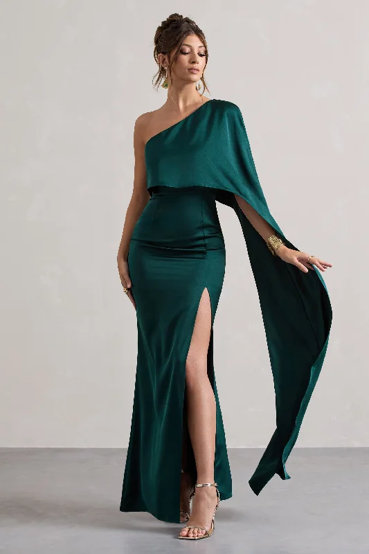 Pleated Women Dress with a Timeless and Elegant TextureAmora | Bottle Green Satin Asymmetric Cape-Sleeve Split Maxi Dress