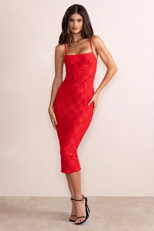 Pleated Women Dress with a Timeless and Elegant TextureAnele | Red Lace Overlay Corset Midi Dress