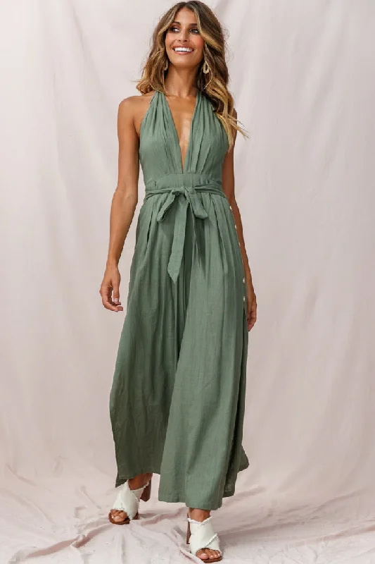 Ruffled women jumpsuits with a feminine touch for a date nightAruba Wide Leg Halterneck Jumpsuit Khaki