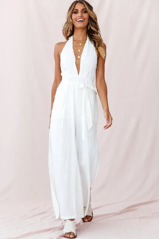 Women jumpsuits with cold - shoulder sleeves for a trendy styleAruba Wide Leg Halterneck Jumpsuit White