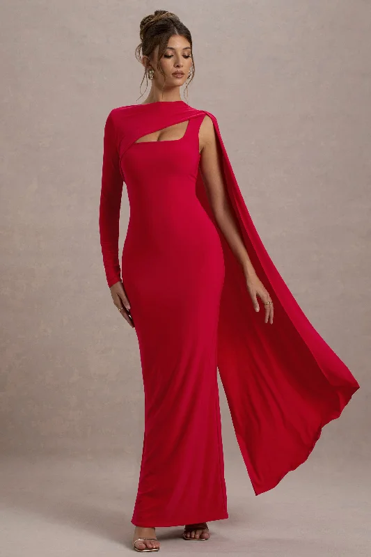 Lace - Embellished Women Dress for an Elegant and Sophisticated AppearanceAshini | Red One-Sleeve Maxi Dress With Cape