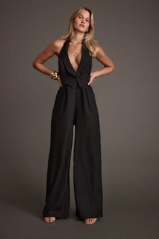 Ruffled women jumpsuits with a feminine touch for a date nightAstoria Black Plunge Halter Tailored Jumpsuit