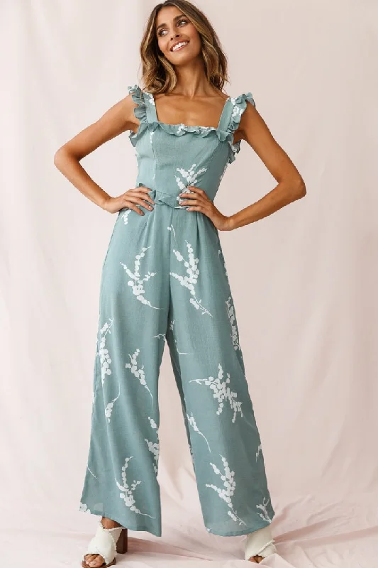 Women jumpsuits with off - the - shoulder tops for a flirty and stylish lookAzure Frill Strap Wide Leg Jumpsuit Sage