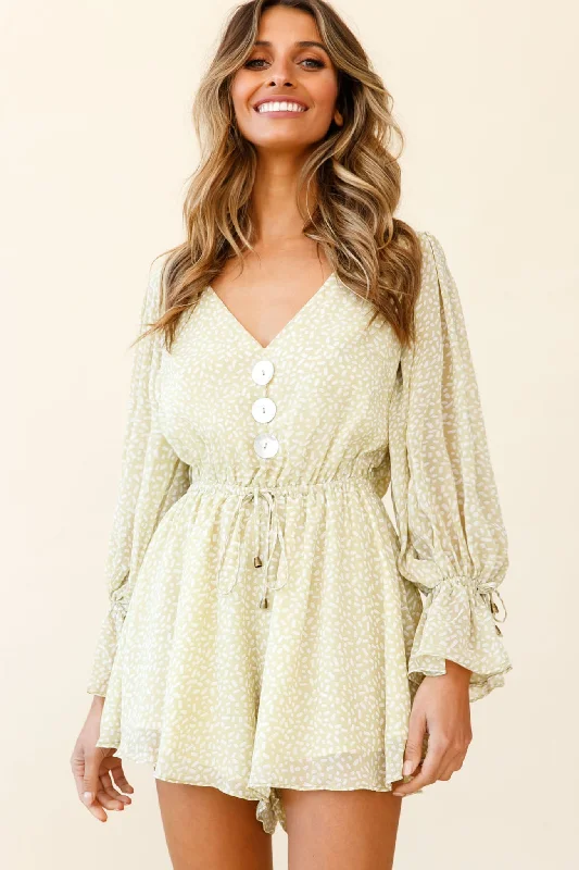 Off - the - Shoulder Women Dress for a Romantic and Feminine LookBelieve It Or Not Long Sleeve Drawstring Romper Sprinkle Print Green