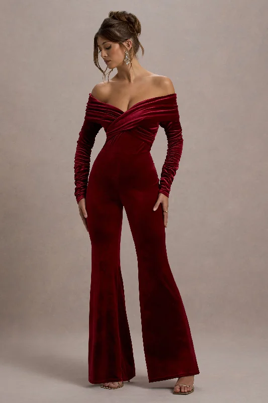 Strapless women jumpsuits for a beachside wedding or resort wearBorealis | Berry Velvet Long-Sleeved Bardot Jumpsuit