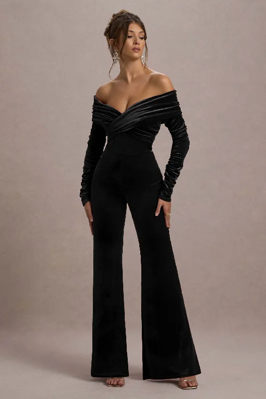 Printed women jumpsuits for a fun and casual day out shoppingBorealis | Black Velvet Long-Sleeved Bardot Jumpsuit