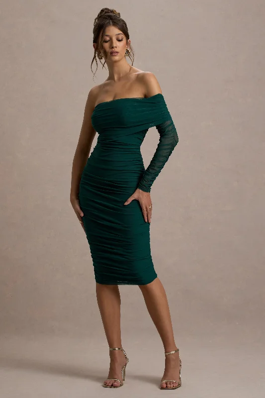 Wrap - Style Women Dress with Adjustable Fit for All Body TypesBijou | Bottle Green Asymmetric Bardot Mesh Ruched Midi Dress