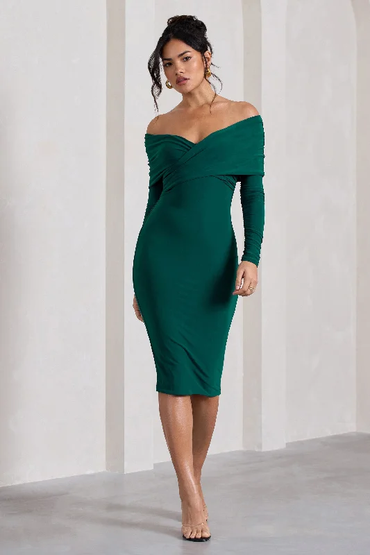 Ball Gown Women Dress with a Full Skirt for a Princess - like LookFlatter Me | Bottle Green Twist Front Bardot Midi Dress