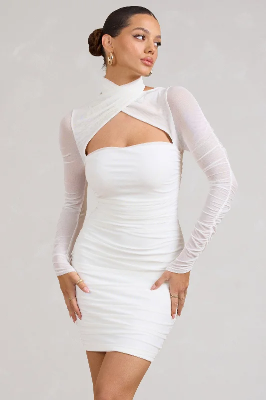 Off - the - Shoulder Women Dress for a Romantic and Feminine LookBouquet Toss | White Ruched Mesh Long-Sleeved Mini Dress