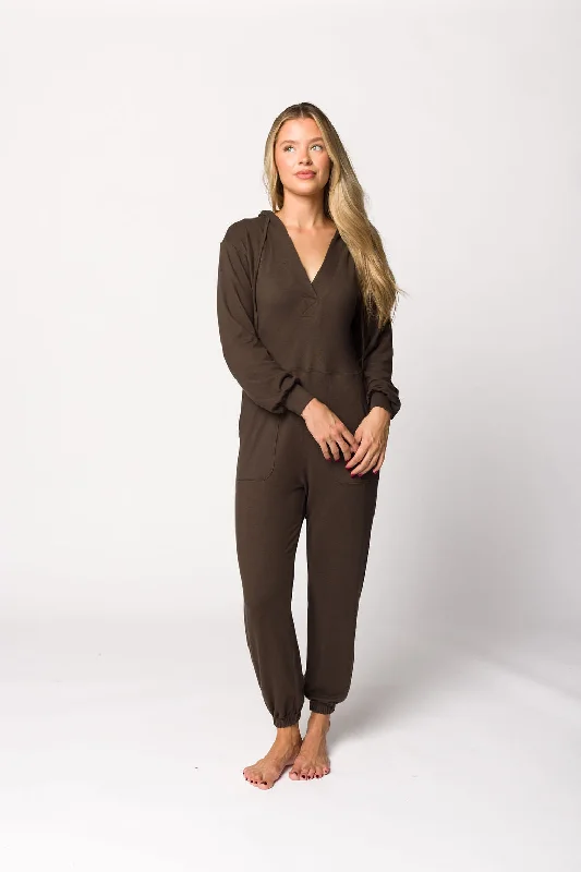 Women jumpsuits with pocket details for added functionality and convenienceLennon Brushed Lounge Jumpsuit with Hood in Dark Olive