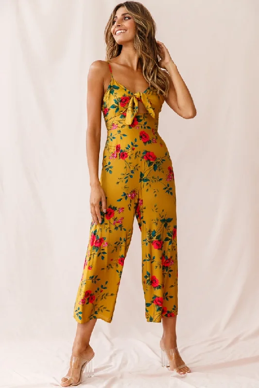 Floral print women jumpsuits for spring garden partiesCall Me Wide-Leg Tied Bust Jumpsuit Floral Print Mustard