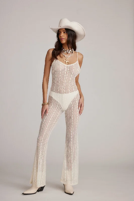 Women jumpsuits with polka - dot patterns for a classic and playful styleCammie White Lace Sheer Jumpsuit