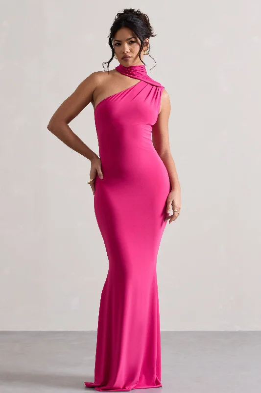 Plus Size Women Dress with a Flattering A - Line Cut for Comfort and StyleCapucine | Pink One Shoulder Draped Maxi Dress