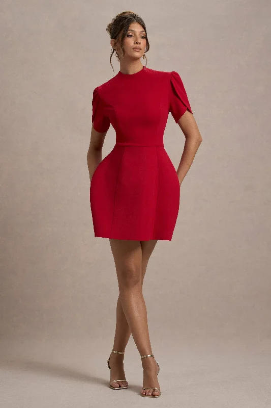 Lace - Embellished Women Dress for an Elegant and Sophisticated AppearanceCarabella | Red High-Neck Short-Sleeve Mini Dress