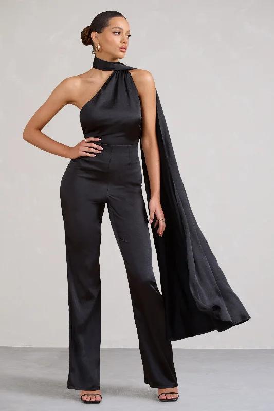 Women jumpsuits with a criss - cross back for a flirty and eye - catching detailCascada | Black Satin Wide Leg Jumpsuit With Statement Scarf Neck