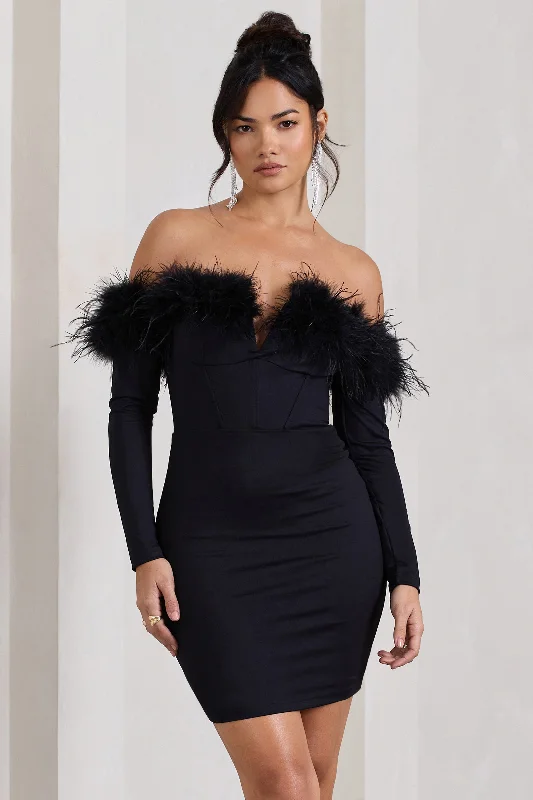 Ball Gown Women Dress with a Full Skirt for a Princess - like LookCelia | Black Plunge Neck Bardot Mini Dress With Feather Trim Detail