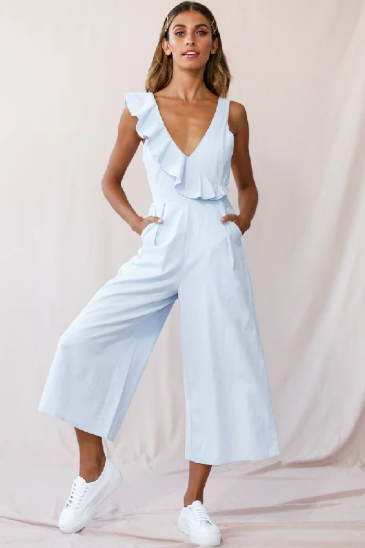 Women jumpsuits with a wrap - around design for a flattering fitCheryl Ruffle Strap Wide Leg Jumpsuit Steel Blue