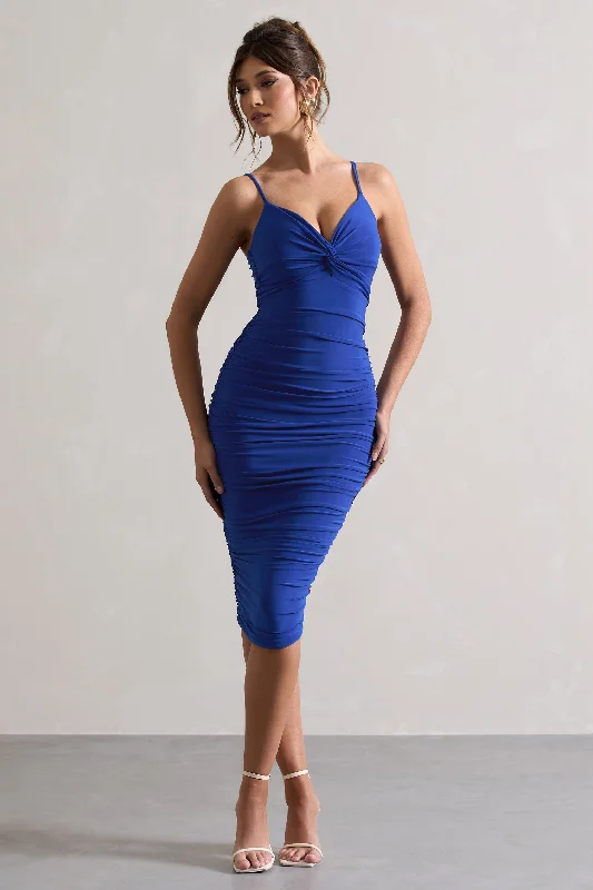 Halter Neck Women Dress to Show Off the Shoulders and NecklineDesired | Royal Blue Knot Detail Ruched Midi Dress