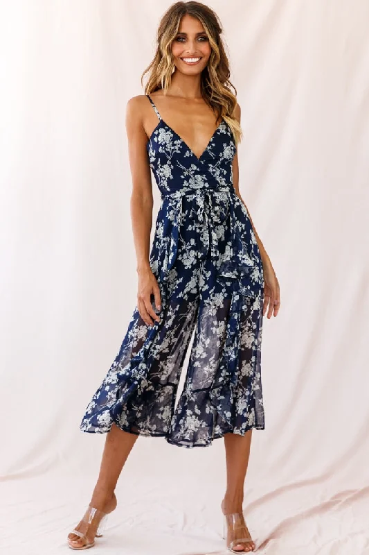 Women jumpsuits with spaghetti - strap tops for a delicate and breezy lookConstance Thin Strap Midi Jumpsuit Navy/White Flower