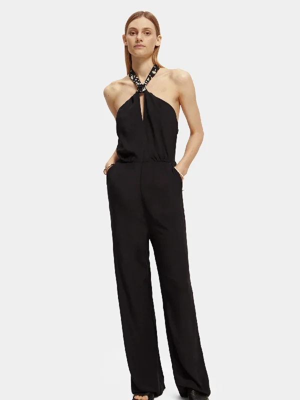 Sheer women jumpsuits with lace panels for a romantic and sexy styleContrast bow jumpsuit