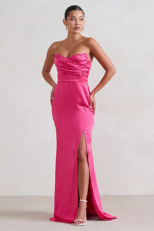 Strapless Women Dress with a Built - in Bra for Comfort and SupportCoraline | Hot Pink Strapless Maxi dress With Split