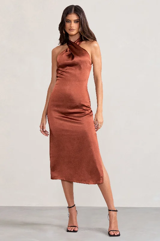 Sheath Women Dress with a Tailored Fit for a Professional LookDazzling | Rust Satin Cross Over Halter Neck Midi Dress