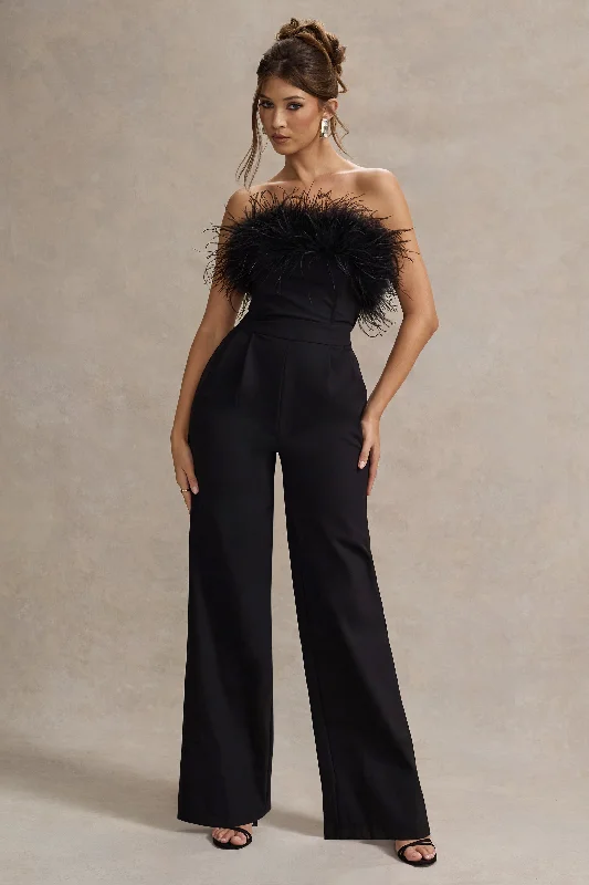 Women jumpsuits with a V - neck for a flattering and elongating effectDelta | Black Feather Bandeau Wide-Leg Jumpsuit