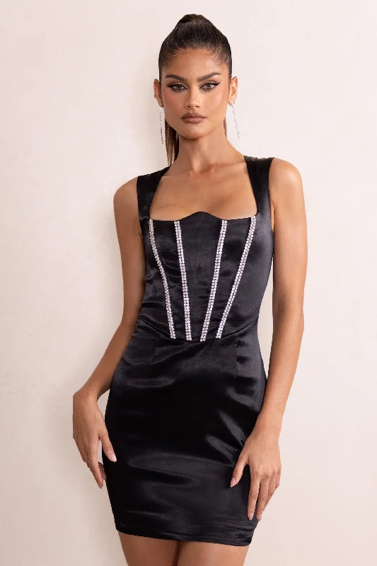 Empire Waist Women Dress to Accentuate the Bust and Conceal the WaistElyse | Black Satin Reverse Sweetheart Neckline Corset Mini Dress With Diamante Detail