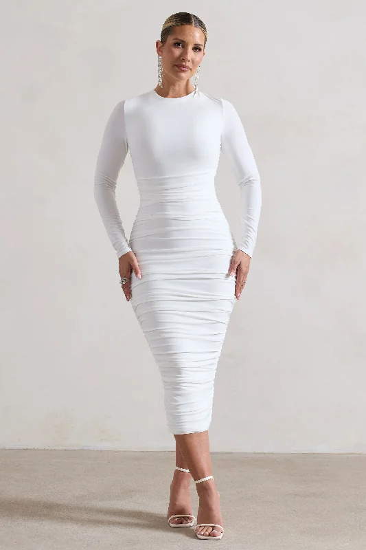 Mermaid - Style Women Dress with a Fitted Silhouette for Special OccasionsEmilie | White Ruched Long-Sleeve Midi Dress